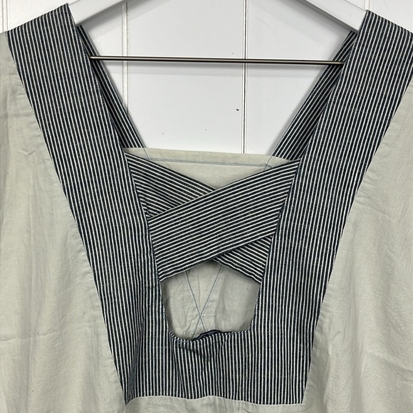 POL Womens Top S Cream Blue Stripes Pullover Contrast Stitching Criss Cross Back - Picture 7 of 11